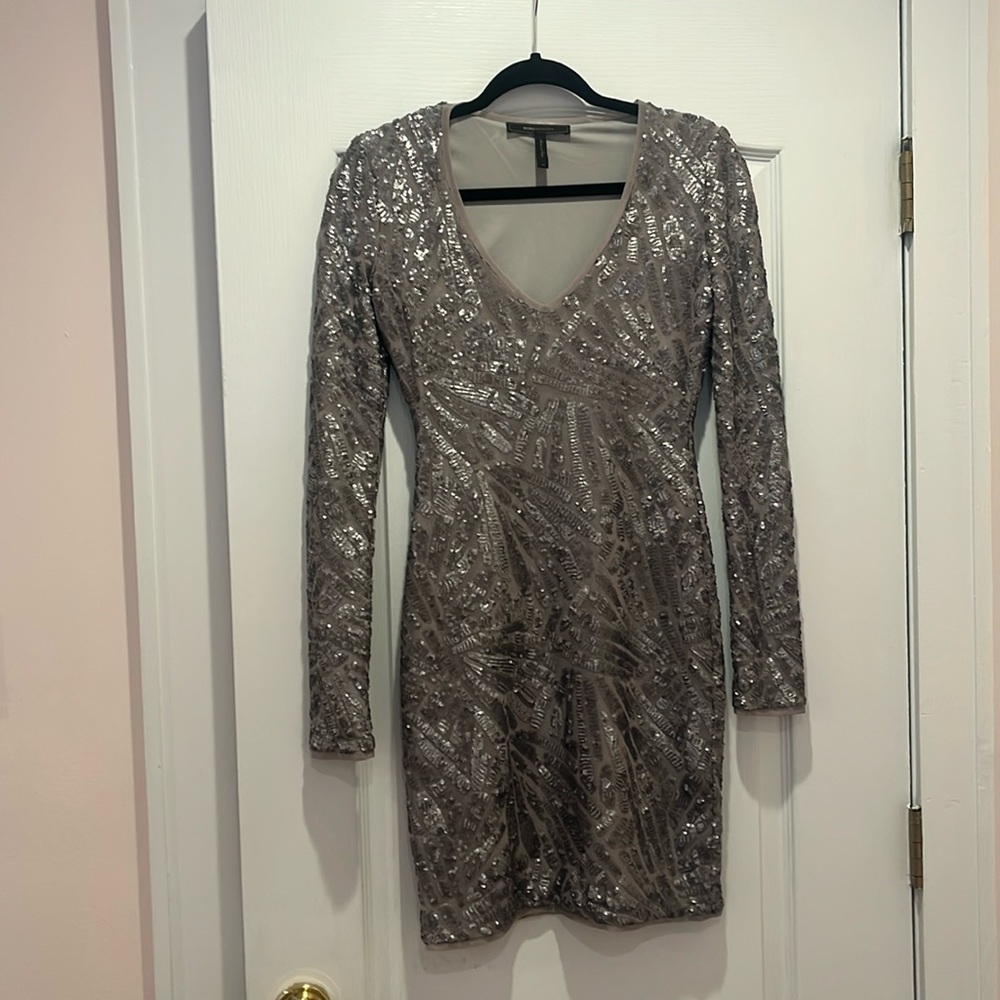 BCBG Max Azria Silver Sequin Dress Sz XS NWOT